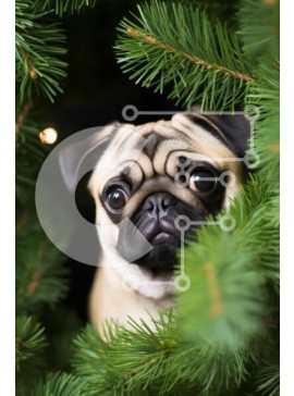 Σετ των 2 Intra Συλλεκτικό Ξύλινο Παζλ Plywood  4mm - Pug που κρυφοκοιτάζει μέσα από το χριστουγεννιάτικο δέντρο Σε Ξύλινο Κουτί - Διαστάσεις: 10x10 cm – 25 κομμάτια