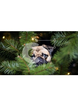 Intra Συλλεκτικό Ξύλινο Παζλ Plywood  4mm - Pug που κρυφοκοιτάζει μέσα από κλαδιά πεύκου με φώτα Σε Ξύλινο Κουτί - Διαστάσεις: 10x10 cm – 25 κομμάτια