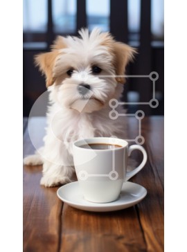 Σετ των 2 Intra Συλλεκτικό Ξύλινο Παζλ Plywood  4mm - Χαριτωμένο κουτάβι που κάθεται δίπλα σε ένα φλιτζάνι καφέ Σε Ξύλινο Κουτί - Διαστάσεις: 10x10 cm – 25 κομμάτια