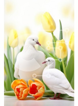 Σετ των 2 Intra Συλλεκτικό Ξύλινο Παζλ Plywood  4mm - Λευκά περιστέρια ανάμεσα στις τουλίπες Σε Ξύλινο Κουτί - Διαστάσεις: 10x10 cm – 25 κομμάτια