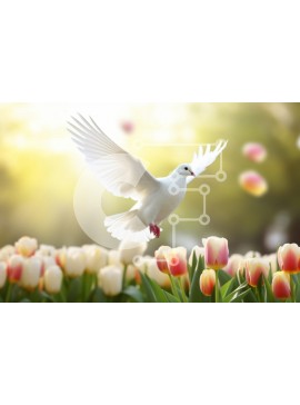 Intra Συλλεκτικό Ξύλινο Παζλ Plywood  4mm - Λευκό Περιστέρι που πετά πάνω από τις τουλίπες την άνοιξη Σε Ξύλινο Κουτί - Διαστάσεις: 10x10 cm – 25 κομμάτια