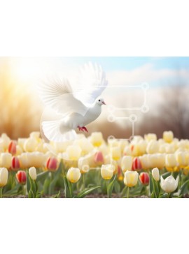 Intra Συλλεκτικό Ξύλινο Παζλ Plywood  4mm - Περιστέρι που πετά πάνω από έναν κήπο τουλίπας την άνοιξη Σε Ξύλινο Κουτί - Διαστάσεις: 10x10 cm – 25 κομμάτια
