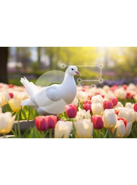 Σετ των 2 Intra Συλλεκτικό Ξύλινο Παζλ Plywood  4mm - Λευκό Περιστέρι ανάμεσα στις τουλίπες σε έναν ανοιξιάτικο κήπο Σε Ξύλινο Κουτί - Διαστάσεις: 10x10 cm – 25 κομμάτια