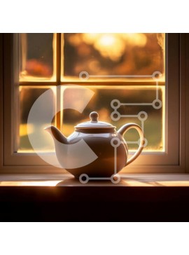 Intra Συλλεκτικό Ξύλινο Παζλ Plywood  4mm - Λευκή τσαγιέρα σε ένα περβάζι στο ηλιοβασίλεμα Σε Ξύλινο Κουτί - Διαστάσεις Puzzle: 10x10 cm – 25 κομμάτια