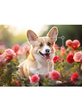 Σετ των 2 Intra Συλλεκτικό Ξύλινο Παζλ Plywood  4mm - Corgi σε έναν κήπο με τριαντάφυλλα Σε Ξύλινο Κουτί - Διαστάσεις: 10x10 cm – 25 κομμάτια