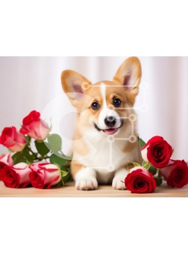 Σετ των 2 Intra Συλλεκτικό Ξύλινο Παζλ Plywood  4mm - Κουτάβι Corgi που περιβάλλεται από τριαντάφυλλα Σε Ξύλινο Κουτί - Διαστάσεις: 10x10 cm – 25 κομμάτια