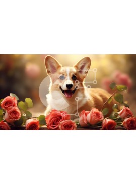 Σετ των 2 Intra Συλλεκτικό Ξύλινο Παζλ Plywood  4mm - Σκύλος Corgi που περιβάλλεται από τριαντάφυλλα Σε Ξύλινο Κουτί - Διαστάσεις: 10x10 cm – 25 κομμάτια