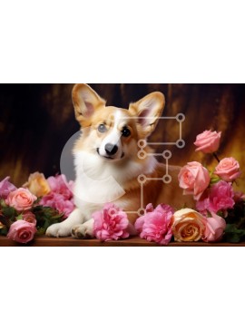 Σετ των 2 Intra Συλλεκτικό Ξύλινο Παζλ Plywood  4mm - Corgi που περιβάλλεται από λουλούδια Σε Ξύλινο Κουτί - Διαστάσεις: 10x10 cm – 25 κομμάτια