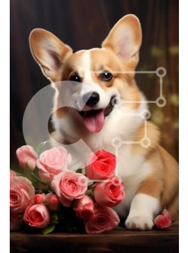 Σετ των 2 Intra Συλλεκτικό Ξύλινο Παζλ Plywood  4mm - Σκύλος Corgi που περιβάλλεται από ροζ τριαντάφυλλα Σε Ξύλινο Κουτί - Διαστάσεις: 10x10 cm – 25 κομμάτια