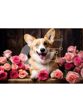 Σετ των 2 Intra Συλλεκτικό Ξύλινο Παζλ Plywood  4mm - Σκύλος Corgi που περιβάλλεται από ροζ τριαντάφυλλα Σε Ξύλινο Κουτί - Διαστάσεις: 10x10 cm – 25 κομμάτια