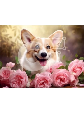 Σετ των 2 Intra Συλλεκτικό Ξύλινο Παζλ Plywood  4mm - Corgi που περιβάλλεται από ροζ τριαντάφυλλα Σε Ξύλινο Κουτί - Διαστάσεις: 10x10 cm – 25 κομμάτια