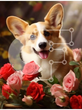 Σετ των 2 Intra Συλλεκτικό Ξύλινο Παζλ Plywood  4mm - Χαρούμενα Corgi που περιβάλλεται από τριαντάφυλλα Σε Ξύλινο Κουτί - Διαστάσεις: 10x10 cm – 25 κομμάτια