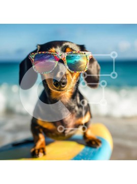 Intra Συλλεκτικό Ξύλινο Παζλ Plywood  4mm - Σκύλος Dachshund με γυαλιά ηλίου στη σανίδα του σερφ στην παραλία Σε Ξύλινο Κουτί - Διαστάσεις: 10x10 cm – 25 κομμάτια