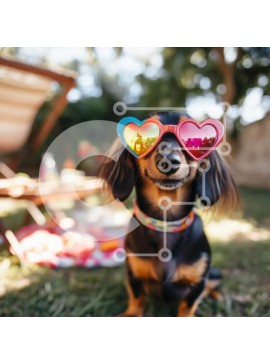 Intra Συλλεκτικό Ξύλινο Παζλ Plywood  4mm - Dachshund με γυαλιά ηλίου σε σχήμα καρδιάς σε μια αυλή Σε Ξύλινο Κουτί - Διαστάσεις: 10x10 cm – 25 κομμάτια
