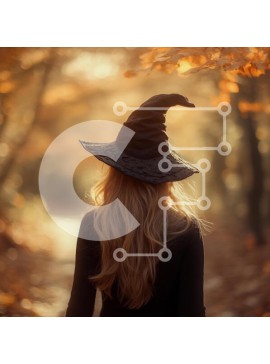 Intra Συλλεκτικό Ξύλινο Παζλ Plywood  4mm - Γυναίκα με μαύρο καπέλο μάγισσας που περπατά στο μονοπάτι του φθινοπώρου Σε Ξύλινο Κουτί - Διαστάσεις Puzzle: 10x10 cm – 25 κομμάτια