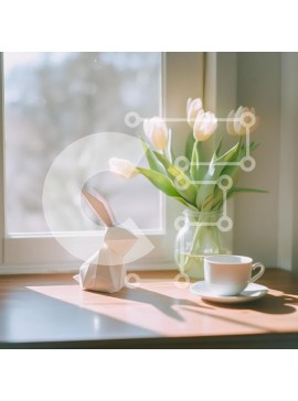 Intra Συλλεκτικό Ξύλινο Παζλ Plywood  4mm - Γαλήνια σκηνή εσωτερικού χώρου με κουνέλι Origami και τουλίπες Σε Ξύλινο Κουτί - Διαστάσεις Puzzle: 10x10 cm – 25 κομμάτια