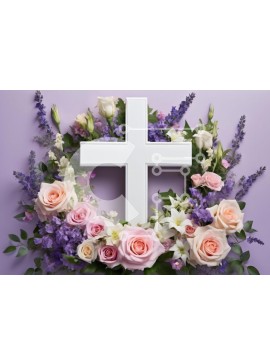 Intra Συλλεκτικό Ξύλινο Παζλ Plywood  4mm - Λευκός Σταυρός που περιβάλλεται από λουλούδια Σε Ξύλινο Κουτί - Διαστάσεις Puzzle: 10x10 cm – 25 κομμάτια