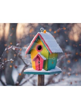 Intra Συλλεκτικό Ξύλινο Παζλ Plywood  4mm - Πολύχρωμο Birdhouse σε ξύλινο στύλο στο χιονισμένο δάσος Σε Ξύλινο Κουτί - Διαστάσεις: 10x10 cm – 25 κομμάτια