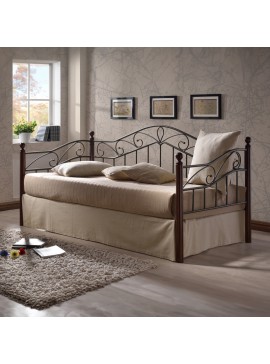 Καναπές-κρεβάτι Melis pakoworld ξύλο σε καρυδί απόχρωση-μαύρο μέταλλο 90x190εκ