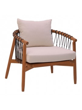 Πολυθρόνα Haribo pakoworld φυσικό teak ξύλο-μαύρο σχοινί-λευκο μαξιλάρι 80x76x72εκ