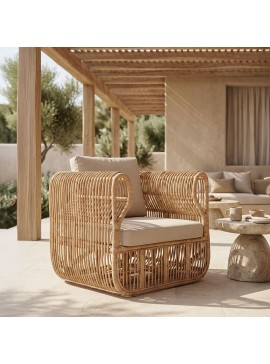 Πολυθρόνα Zamo Intrahome rattan σε φυσική απόχρωση με μπεζ μαξιλάρι 83x92x82εκ INTRAPA-455111119