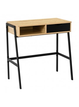 Γραφείο εργασίας Rezio pakoworld με ράφι και συρτάρι σε oak απόχρωση με μαύρο μεταλλικό σκελετό 75x45x76εκ