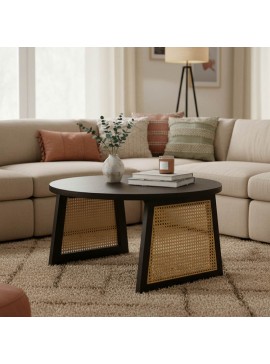 Τραπέζι Tamarind pakoworld ξύλο mango-φυσικό rattan σε μαύρη απόχρωση Φ65x40εκ