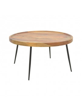 Τραπέζι σαλονιού Tavolo pakoworld μασιφ ξύλο sheesham σε καρυδί απόχρωση με μαύρα μεταλλικά πόδια Φ75x39εκ