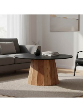 Τραπέζι σαλονιού Ezerdian pakoworld μασίφ ξύλο ακακίας σε φυσική απόχρωση με επιφάνεια μαύρου μαρμάρου Φ90x45εκ