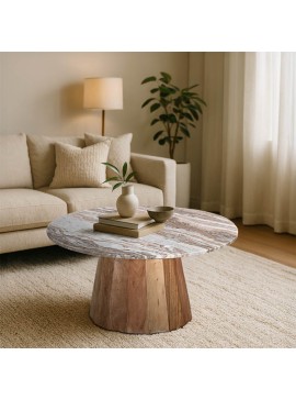 Τραπέζι σαλονιού Ezerdian pakoworld μασίφ ξύλο ακακίας σε φυσική απόχρωση με επιφάνεια μαρμάρου Φ90x45εκ