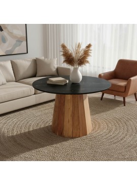 Τραπέζι Ezerdian pakoworld μασίφ ξύλο ακακίας σε φυσική απόχρωση με επιφάνεια μαύρου μαρμάρου Φ120x76εκ