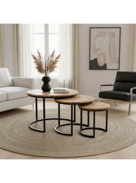 Τραπέζι σαλονιού Frina pakoworld σετ 3τεμ μασίφ mango ξύλο σε φυσική απόχρωση με πόδι μαύρο μέταλλο