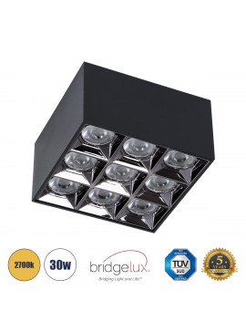 60337 GloboStar®  LUMINAR SUPERIOR 60337 Επιφανειακό LED Spot Downlight TrimLess 30W 4050lm 36° AC 220-240V IP20 Μ12 x Π12 x Υ6.6cm - Μαύρο με Κάτοπτρο Χρωμίου - Θερμό Λευκό 2700K - Bridgelux High Lumen Chip Gen2 - TÜV Certified Driver - 5 Years Warranty