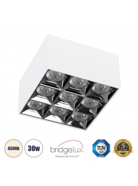 60338 GloboStar®  LUMINAR SUPERIOR 60338 Επιφανειακό LED Spot Downlight TrimLess 30W 4200lm 36° AC 220-240V IP20 Μ12 x Π12 x Υ6.6cm - Λευκό με Κάτοπτρο Χρωμίου - Φυσικό Λευκό 4500K - Bridgelux High Lumen Chip Gen2 - TÜV Certified Driver - 5 Years Warranty