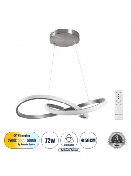 60498 GloboStar® GLOBOSTAR® DEXTER 60498 Μοντέρνο Κρεμαστό Φωτιστικό Οροφής LED 72W 8064lm 300° AC 220-240V IP20 Ρυθμιζόμενο Λευκό CCT με Χειριστήριο από 2700K έως 6000K Dimmable - Lumileds SMD Chip - Νίκελ Βούρτσας - Μ56 x Π56 x Υ14cm - 3 Χρόνια Εγγύηση