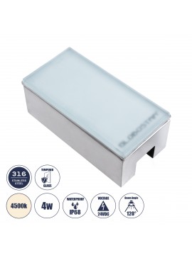 60950 GloboStar®  CYBOLITHOS 60950 Χωνευτό Φωτιστικό Σποτ Δαπέδου LED 4W 530lm 120° DC 24V Αδιάβροχο IP68 IK06 Μ20 x Π10 x Υ8cm 4500K Dimmable - Tempered Γαλακτερό Γυαλί & Ανοξείδωτο Ατσάλι - Bridgelux Chip - 3 Χρόνια Εγγύηση