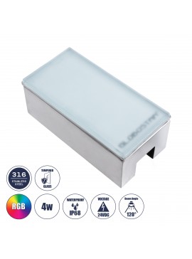 60953 GloboStar®  CYBOLITHOS 60953 Χωνευτό Φωτιστικό Σποτ Δαπέδου LED 4W 400lm 120° DC 24V Αδιάβροχο IP68 IK06 Μ20 x Π10 x Υ8cm RGB Dimmable - Tempered Γαλακτερό Γυαλί & Ανοξείδωτο Ατσάλι - Bridgelux Chip - 3 Χρόνια Εγγύηση