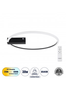 60980 GloboStar®  CINDERELLA 60980 Φωτιστικό Οροφής Δαχτυλίδι-Κύκλος LED CCT 30W 3360lm 360° AC 220-240V - Εναλλαγή Φωτισμού μέσω Τηλεχειριστηρίου All In One Ψυχρό 6000k+Φυσικό 4500k+Θερμό 2700k Dimmable Φ50cm - Μαύρο - 3 Years Warranty