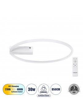 60981 GloboStar®  CINDERELLA 60981 Φωτιστικό Οροφής Δαχτυλίδι-Κύκλος LED CCT 30W 3360lm 360° AC 220-240V - Εναλλαγή Φωτισμού μέσω Τηλεχειριστηρίου All In One Ψυχρό 6000k+Φυσικό 4500k+Θερμό 2700k Dimmable Φ50cm - Λευκό - 3 Years Warranty