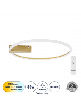 60982 GloboStar®  CINDERELLA 60982 Φωτιστικό Οροφής Δαχτυλίδι-Κύκλος LED CCT 30W 3360lm 360° AC 220-240V - Εναλλαγή Φωτισμού μέσω Τηλεχειριστηρίου All In One Ψυχρό 6000k+Φυσικό 4500k+Θερμό 2700k Dimmable Φ50cm - Χρυσό Βούρτσας - 3 Years Warranty