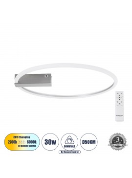 60983 GloboStar®  CINDERELLA 60983 Φωτιστικό Οροφής Δαχτυλίδι-Κύκλος LED CCT 30W 3360lm 360° AC 220-240V - Εναλλαγή Φωτισμού μέσω Τηλεχειριστηρίου All In One Ψυχρό 6000k+Φυσικό 4500k+Θερμό 2700k Dimmable Φ50cm - Χρώμιο Νικελ - 3 Years Warranty