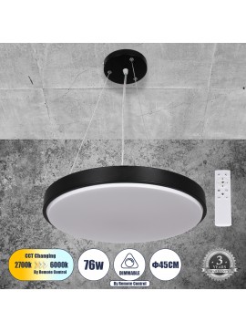 61019 GloboStar®  CASPER 61019 Κρεμαστή Πλαφονιέρα Οροφής LED CCT 76W 8372lm 120° AC 220-240V - Εναλλαγή Φωτισμού μέσω Τηλεχειριστηρίου All In One Ψυχρό Λευκό 6000k+Φυσικό Λευκό 4500k+Θερμό Λευκό 2700k Dimmable Φ45cm - Μαύρο - 3 Years Warranty