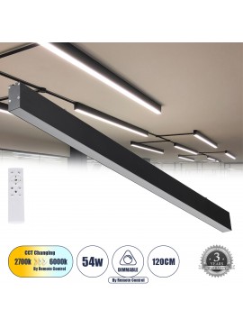61028-1 GloboStar®  FELIX 61028-S Γραμμικό Φωτιστικό Οροφής Linear LED CCT 54W 6500lm 120° AC 220-240V Μ120 x Π3.5 x Υ7cm - Εναλλαγή Φωτισμού μέσω Τηλεχειριστηρίου All In One Ψυχρό 6000k+Φυσικό 4500k+Θερμό 2700k Dimmable - Μαύρο - 3 Years Warranty