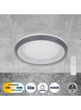 61042 GloboStar®  MELINA 61042 Πλαφονιέρα Οροφής Κύκλος LED CCT 55W 6376lm 120° AC 220-240V - Εναλλαγή Φωτισμού μέσω Τηλεχειριστηρίου All In One Ψυχρό Λευκό 6000k+Φυσικό Λευκό 4500k+Θερμό Λευκό 2700k Dimmable Φ48cm - Γκρι Ανθρακί - 3 Years Warranty