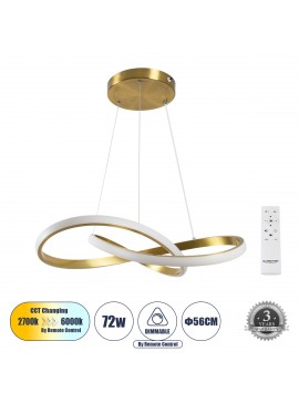 61051 GloboStar® GLOBOSTAR® DEXTER 61051 Μοντέρνο Κρεμαστό Φωτιστικό Οροφής LED 72W 8064lm 300° AC 220-240V IP20 Ρυθμιζόμενο Λευκό CCT με Χειριστήριο από 2700K έως 6000K Dimmable - Lumileds SMD Chip - Σατινέ Χρυσό Βούρτσας - Μ56 x Π56 x Υ14cm - 3 Χρόνια Ε