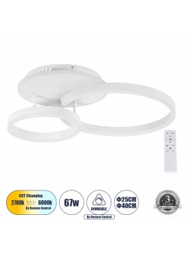 61121 GloboStar® GLOBOSTAR® VENOM 61121 Μοντέρνο Φωτιστικό Οροφής LED 67W 8107lm 360° AC 220-240V IP20 Ρυθμιζόμενο Λευκό CCT με Χειριστήριο από 2700K έως 6000K Dimmable - Lumileds SMD Chip - Λευκό Ματ - Μ60 x Π40 x Υ12.5cm - 3 Χρόνια Εγγύηση