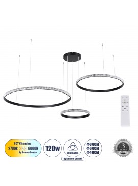 61144 GloboStar® GLOBOSTAR® DIAMOND TRIO 61144 Μοντέρνο Κρεμαστό Φωτιστικό Οροφής LED 120W 14723lm 360° AC 220-240V IP20 Ρυθμιζόμενο Λευκό CCT με Χειριστήριο από 2700K έως 6000K Dimmable - Lumileds SMD Chip - Μαυρό Ματ - Μ150 x Π150 x Υ60cm - 3 Χρόνια Εγγ