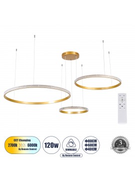 61145 GloboStar® GLOBOSTAR® DIAMOND TRIO 61145 Μοντέρνο Κρεμαστό Φωτιστικό Οροφής LED 120W 14723lm 360° AC 220-240V IP20 Ρυθμιζόμενο Λευκό CCT με Χειριστήριο από 2700K έως 6000K Dimmable - Lumileds SMD Chip - Χρυσό Βούρτσας - Μ150 x Π150 x Υ60cm - 3 Χρόνι