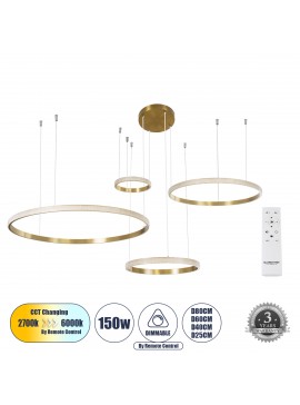 61149 GloboStar® GLOBOSTAR® DIAMOND TETRA 61149 Μοντέρνο Κρεμαστό Φωτιστικό Οροφής LED 150W 18379lm 360° AC 220-240V IP20 Ρυθμιζόμενο Λευκό CCT με Χειριστήριο από 2700K έως 6000K Dimmable - Lumileds SMD Chip - Χρυσό Βούρτσας - Μ150 x Π150 x Υ60cm - 3 Χρόν