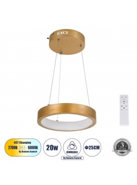 61154 GloboStar®  NEMESIS 61154 Κρεμαστό Φωτιστικό Δαχτυλίδι-Κύκλος LED CCT 20W 2356lm 360° AC 220-240V - Εναλλαγή Φωτισμού μέσω Τηλεχειριστηρίου All In One Ψυχρό 6000k+Φυσικό 4500k+Θερμό 2700k Dimmable Φ25cm - Χρυσό Βούρτσας - 3 Years Warranty